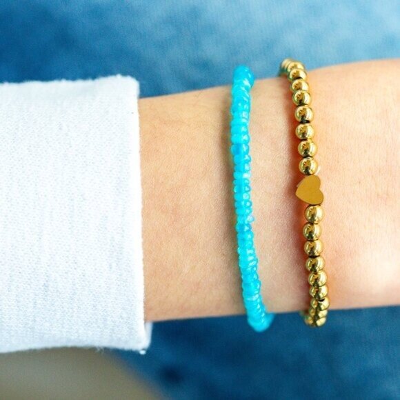 Blue Fire Opal Beaded Bracelet Gold Chain Waterproof Ethiopian Opal Bracelet - Picture 8 of 12